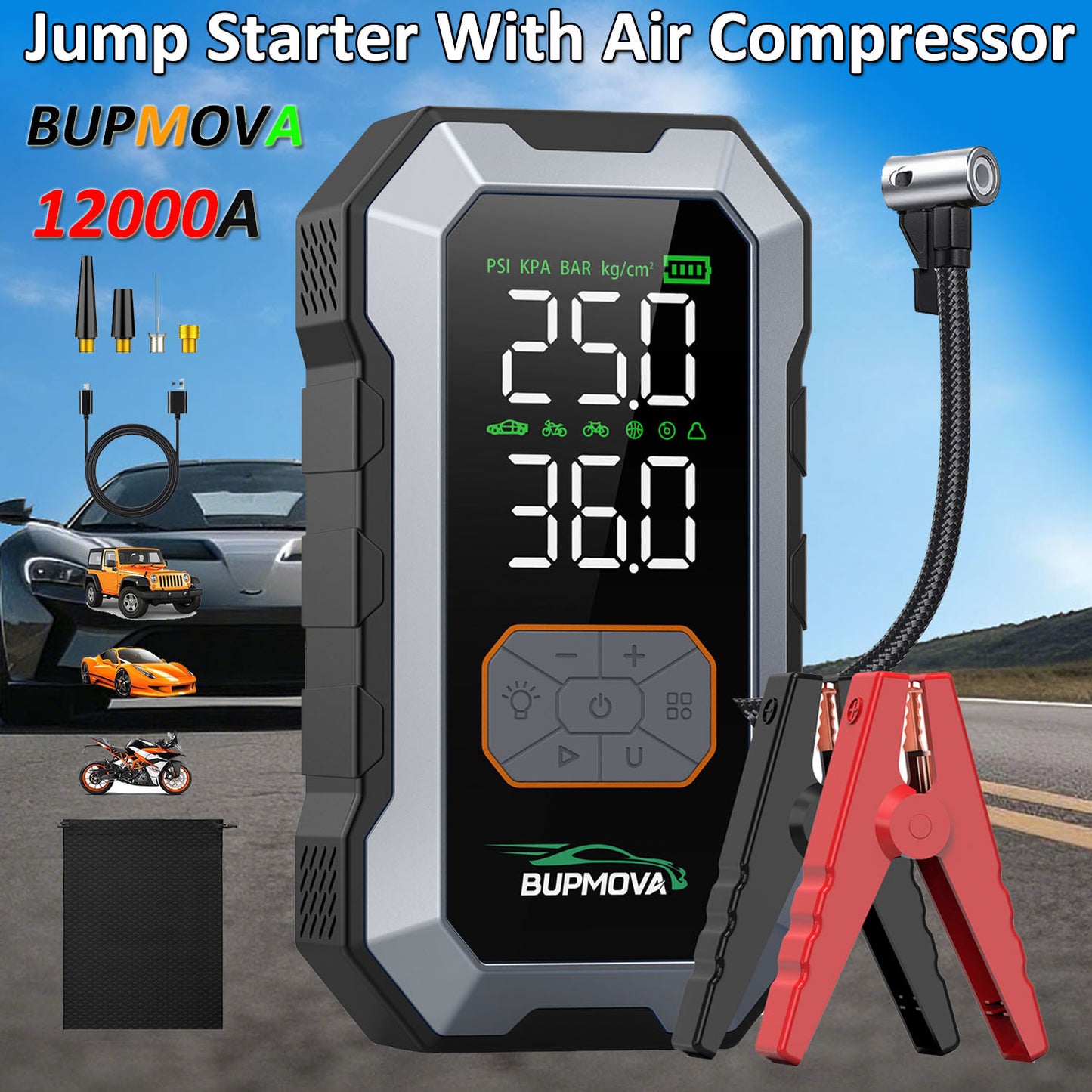Avviatore di emergenza per auto 12000A con compressore d'aria, pompa di gonfiaggio per pneumatici senza fili, booster per batteria con power bank e torce LED, scatola di avviamento automatico 12V per tutti i veicoli a benzina o diesel da 10.0L, doppio dis