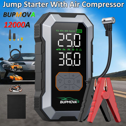 Avviatore di emergenza per auto 12000A con compressore d'aria, pompa di gonfiaggio per pneumatici senza fili, booster per batteria con power bank e torce LED, scatola di avviamento automatico 12V per tutti i veicoli a benzina o diesel da 10.0L, doppio dis
