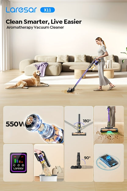 Laresar X11 Aspirapolvere Senza Fili 550W/46Kpa per la Casa, 60 Minuti, Anti-Groviglio, Aspirapolvere a Bastone con Doppia Maniglia Ricaricabile, Leggero, con Aromaterapia per Peli di Animali Domestici, Tappeti, Pavimenti, Pulizia di Primavera
