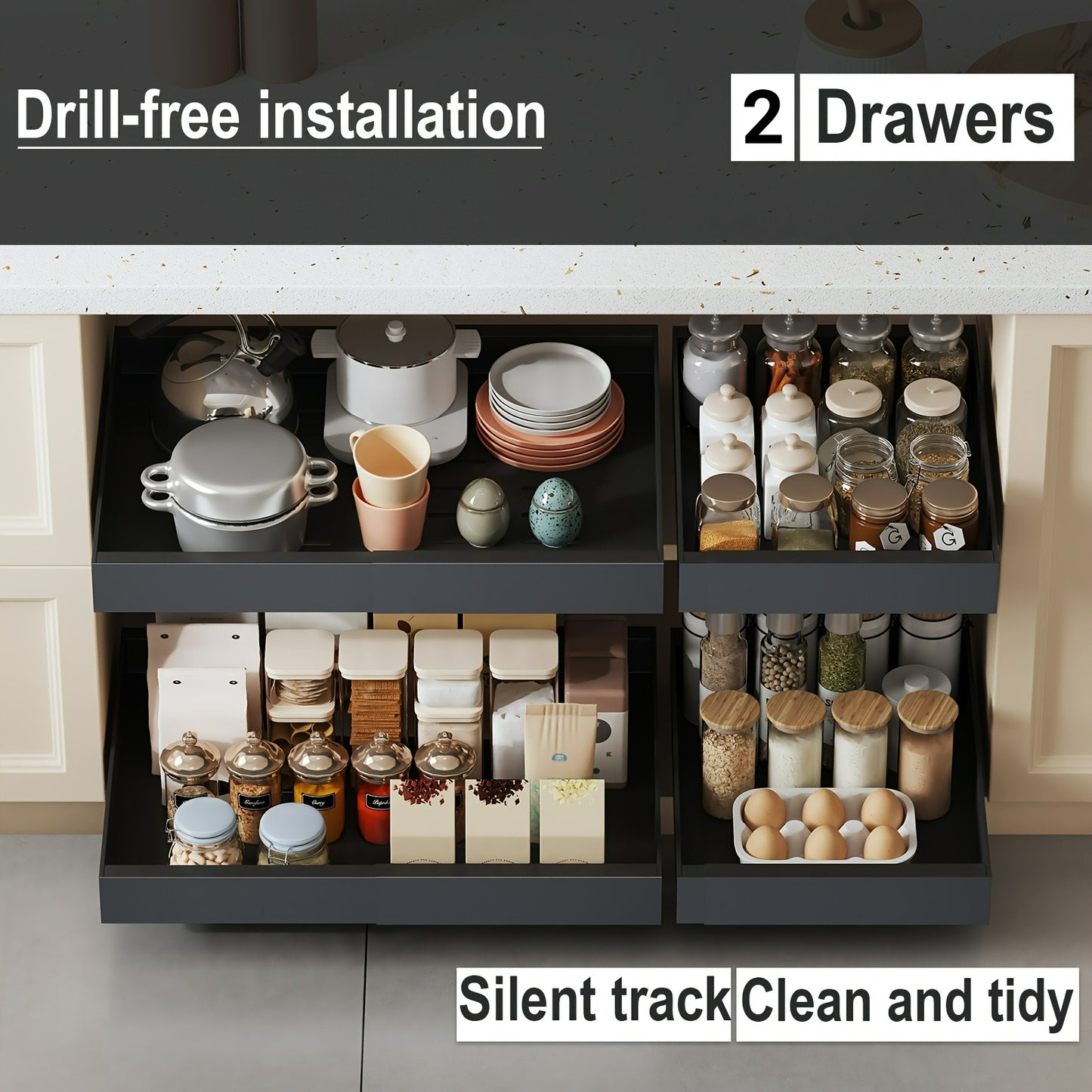 2 Pezzi Cassetti Estraibili Espandibili per Cucina, Set di 2 Scaffali Scorrevoli per Ripostiglio, Cestelli Estraibili per Lavello Senza Foratura, Ripiani Facilmente Accessibili, Adatti per Bagni e Lavanderie, Organizzatore per Cucina, Organizzatore per Ar