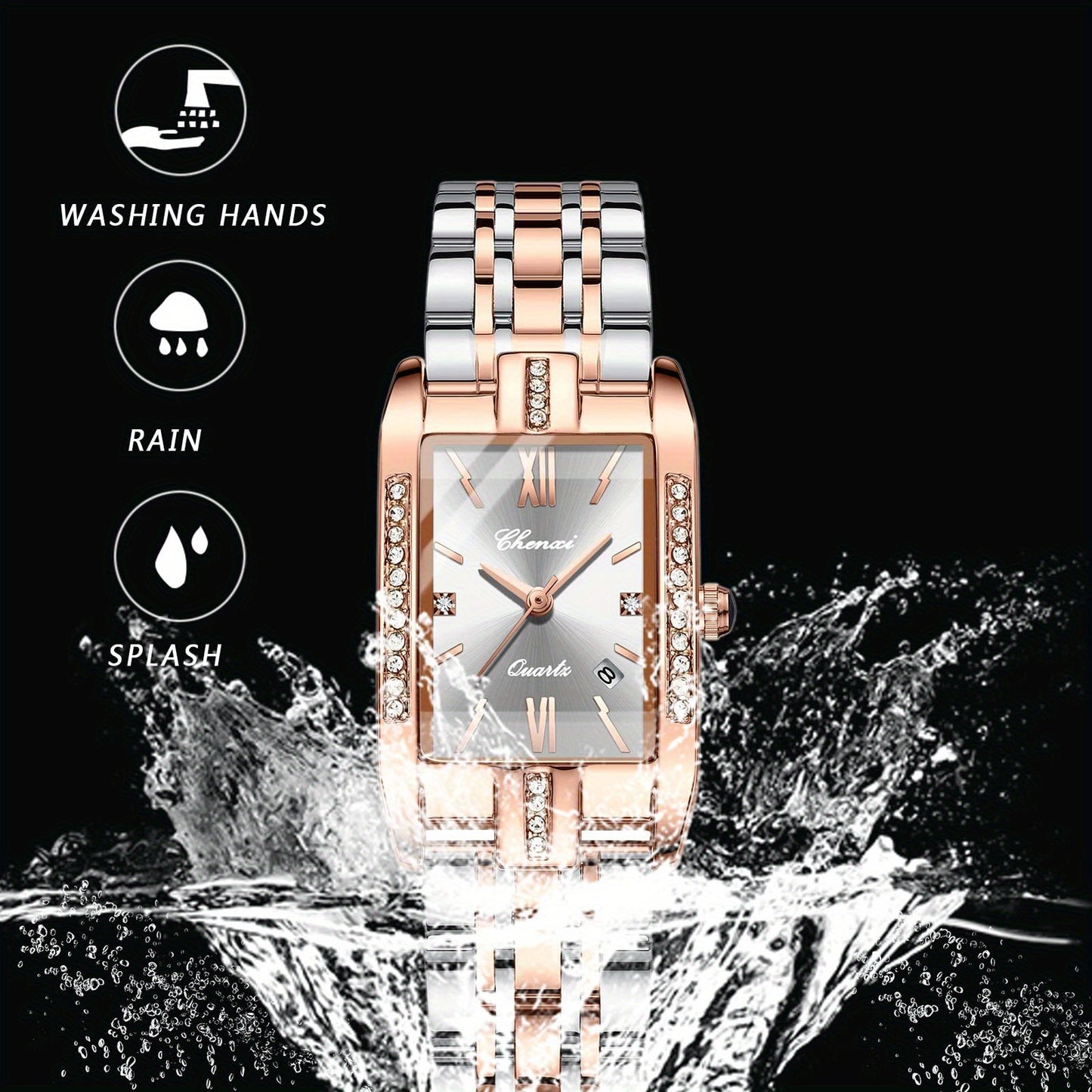 Jewelrywe Orologi Donna Analogico Quarzo Orologio da Polso Lusso Elegante Calendario con Data Strass Rettangolare Bracciale in Acciaio Inossidabile Business Casual