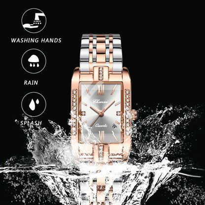 Jewelrywe Orologi Donna Analogico Quarzo Orologio da Polso Lusso Elegante Calendario con Data Strass Rettangolare Bracciale in Acciaio Inossidabile Business Casual