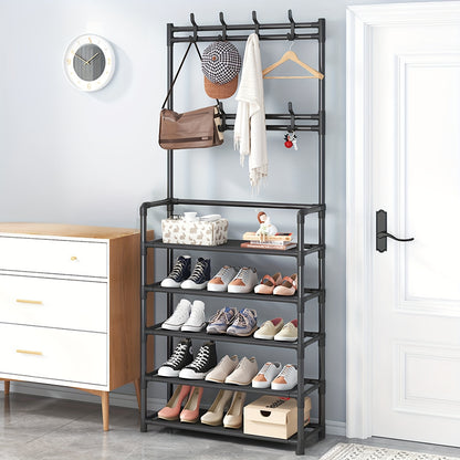 Portaabiti con Scarpiera Organizzatore, 3 in 1 Albero d'Ingresso in Metallo con 5 Ripiani e 8 Ganci Rimovibili, Portaabiti Autoportante per Ingresso con Spazio per Abiti, Scarpe, Cappelli, Borse e Ombrelli