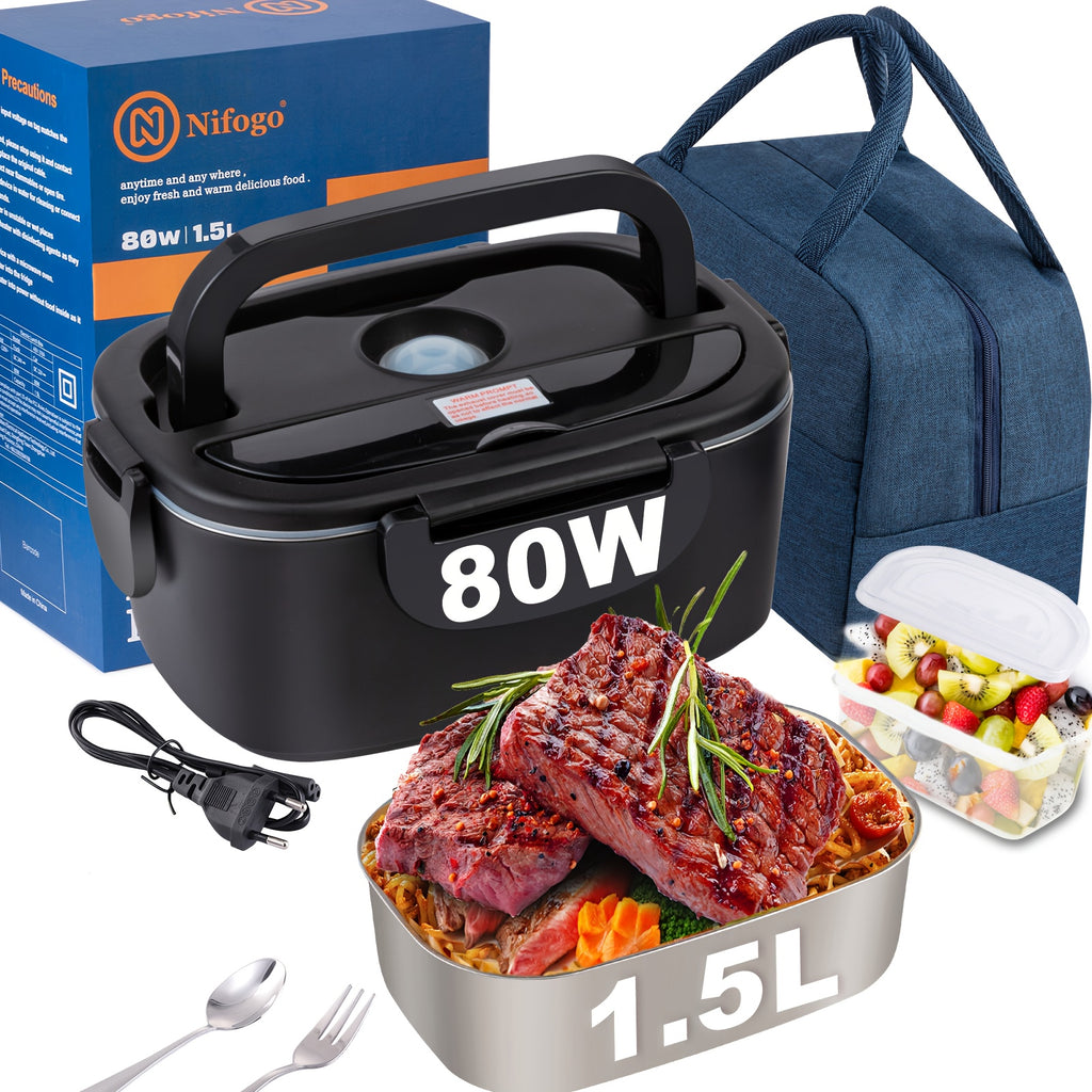 Portapranzo con potenza di 80W, capacità da 1,5L per adulti, portapranzo termico, portapranzo riscaldabile portatile per uscite, fornito con borsa termica e set di posate, adatto per riscaldare il pranzo in camion e auto