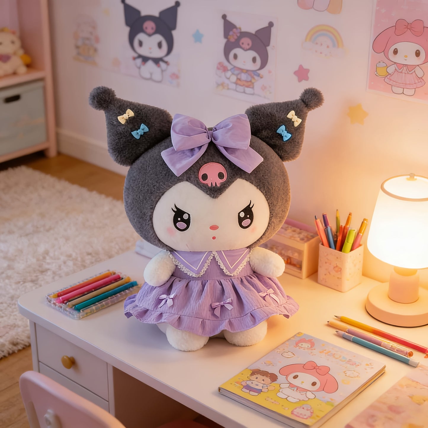 Peluche ufficiali Sanrio Kuromi e Melody in abito stile principessa soffice con fiocco rosa - il regalo di compleanno perfetto per bambine, un oggetto da collezione e un must-have per San Valentino.