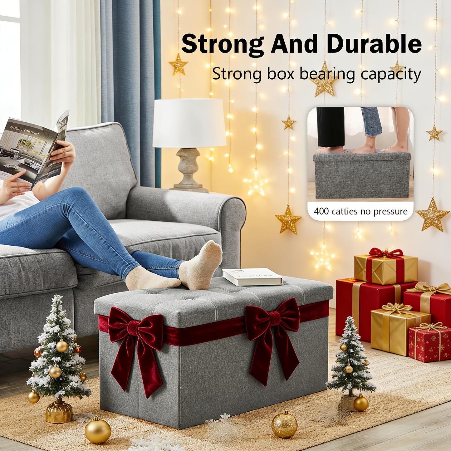 Sgabello contenitore multifunzionale moderno con seduta imbottita e contenitore pieghevole, tessuto grigio, design salvaspazio, adatto per soggiorno, camera da letto, cucina; robusto poggiapiedi rettangolare, panca, con seduta imbottita morbida