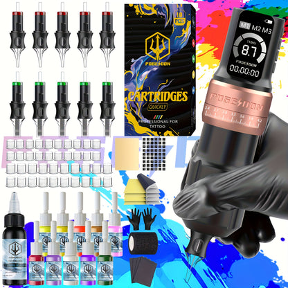POSEIDON Kit Tatuaggio, Kit Penna Tatuaggio, Kit Macchinetta Tatuaggio Rotativa Wireless, Kit Macchinetta Tatuaggio con Schermo a Colori LED con 20 Aghi Cartuccia Tatuaggio e 11 Inchiostri Tatuaggio, Forniture per Tatuaggi per Principianti
