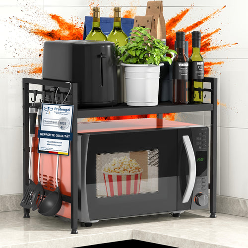 Mensola Regolabile per Microonde, Mensola Espandibile a 2 Livelli in Acciaio al Carbonio, Organizzatore per Cucina con 6 Ganci, Nero, Pratico Scaffale Verticale per Spezie, Mensola Autoportante