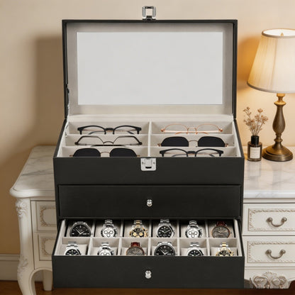 Scatola portaocchiali e orologi a 3 strati con 24 scomparti, custodia organizzatrice per occhiali da vista alla moda per donna e uomo - Portaocchiali portaoggetti multiplo con cassetto, coperchio in vetro e passante per esterni