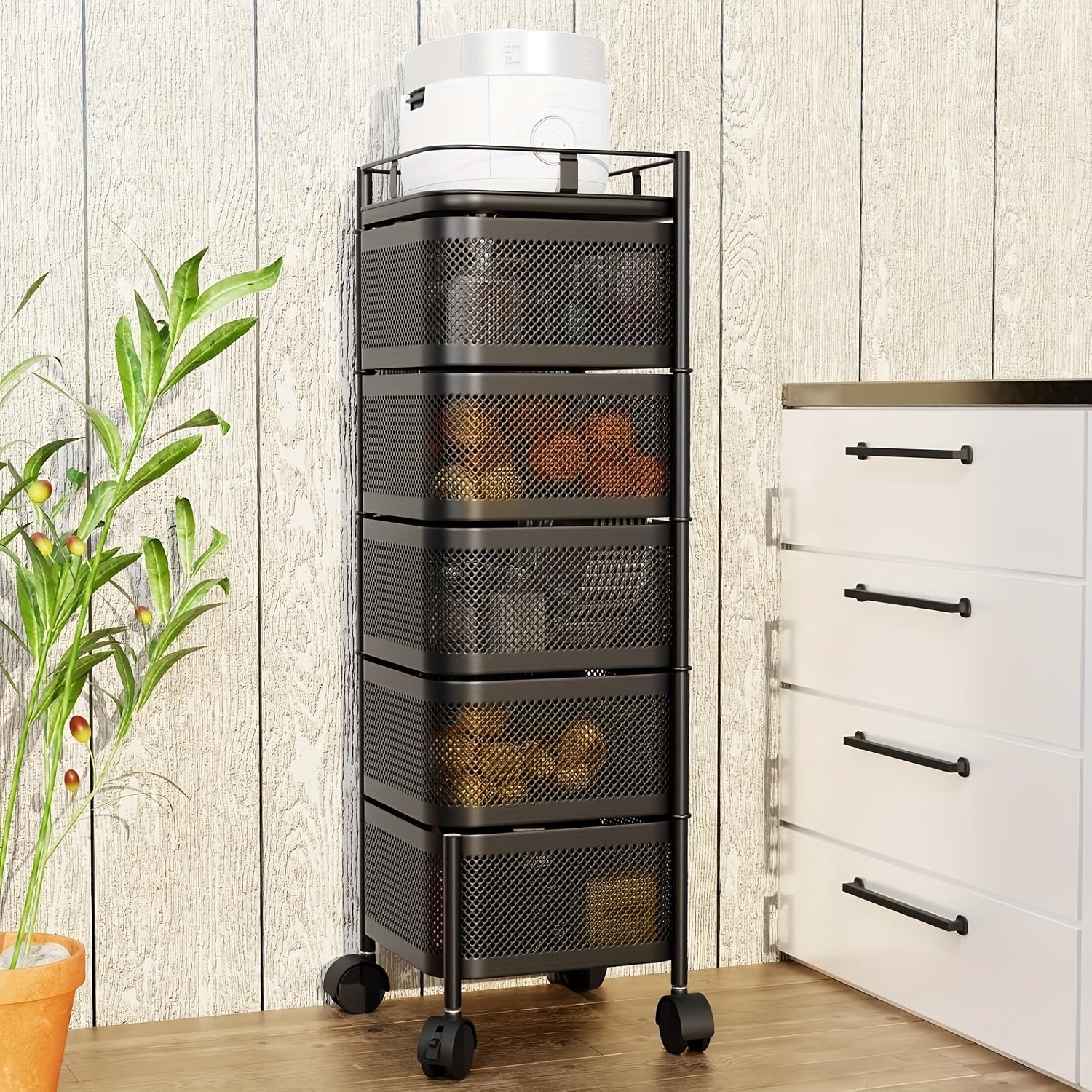 Carrello Girevole a 5 Ripiani per Cucina con Ruote, Struttura in Metallo Robusto, Ideale per Dispensa, Portafrutta, Verdure, Carrello Salvaspazio per Uso Domestico o Commerciale, Scaffale Autoportante