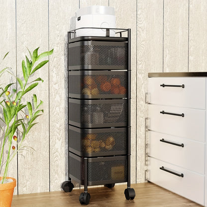 Carrello portaoggetti da cucina, carrello girevole a 5 ripiani con ruote, contenitore portafrutta per cucina, grande scaffale portaoggetti con rete traforata, portafrutta e verdure con coperchio superiore in metallo nero, mensola autoportante