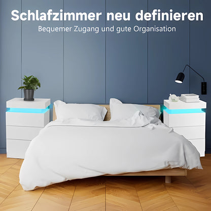 Comodino Lucido con 2/3 Cassetti, Comodino LED e Moderno Scrivania, Tavolino Laterale con Illuminazione LED a 16 Colori per Soggiorno, 45X35X55Cm / 45X35X67Cm, Bianco/Nero
