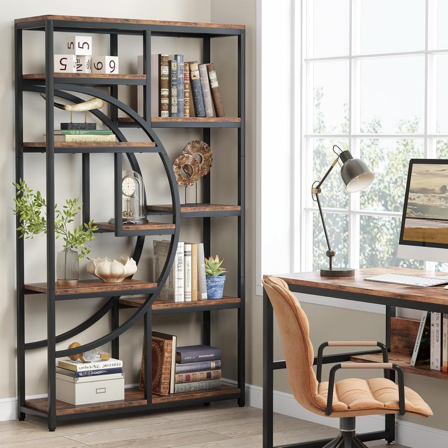 Libreria moderna a 5 ripiani, scaffali alti indipendenti per esposizione e stoccaggio con 9 ripiani aperti, ideale per soggiorno e contenitori