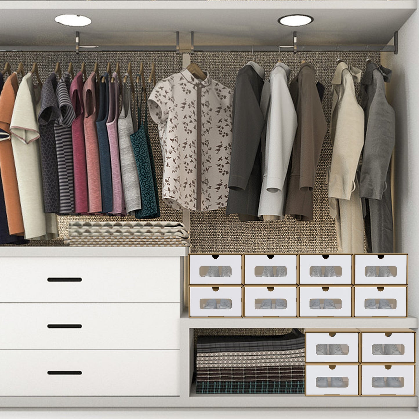 Scatole Rettangolari Impilabili con Cassetto Estraibile e Finestra Trasparente, Organizzatore in Carta Kraft per Scarpe, Abbigliamento e Accessori (10pz/20pz)