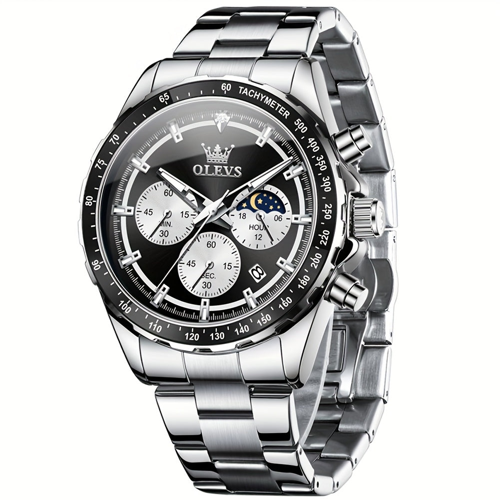 OLEVS Orologi da Uomo con Quadrante Fase Lunare Acciaio Inossidabile/Cinturino in Pelle Cronografo Lusso Business Abito Analogico Quarzo Orologi da Uomo Classici Casual Eleganti Orologi da Polso Quadrante Luminoso Nero/Bianco/Blu/Verde