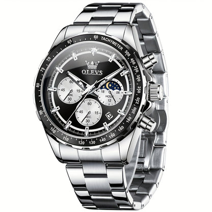 OLEVS Orologi da Uomo con Quadrante Fase Lunare Acciaio Inossidabile/Cinturino in Pelle Cronografo Lusso Business Abito Analogico Quarzo Orologi da Uomo Classici Casual Eleganti Orologi da Polso Quadrante Luminoso Nero/Bianco/Blu/Verde