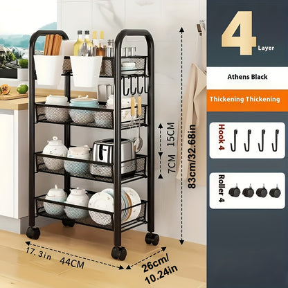Scaffale Multifunzionale in Metallo a Tre/Quattro Livelli con Ruote, Scaffale Resistente Nero, Ideale per Garage e Cucina, Grande Capacità, Facile da Montare, Scaffale e Armadio per Cucina, Pratico e Funzionale, Perfetto per Cucina e Dispensa, Cestelli pe