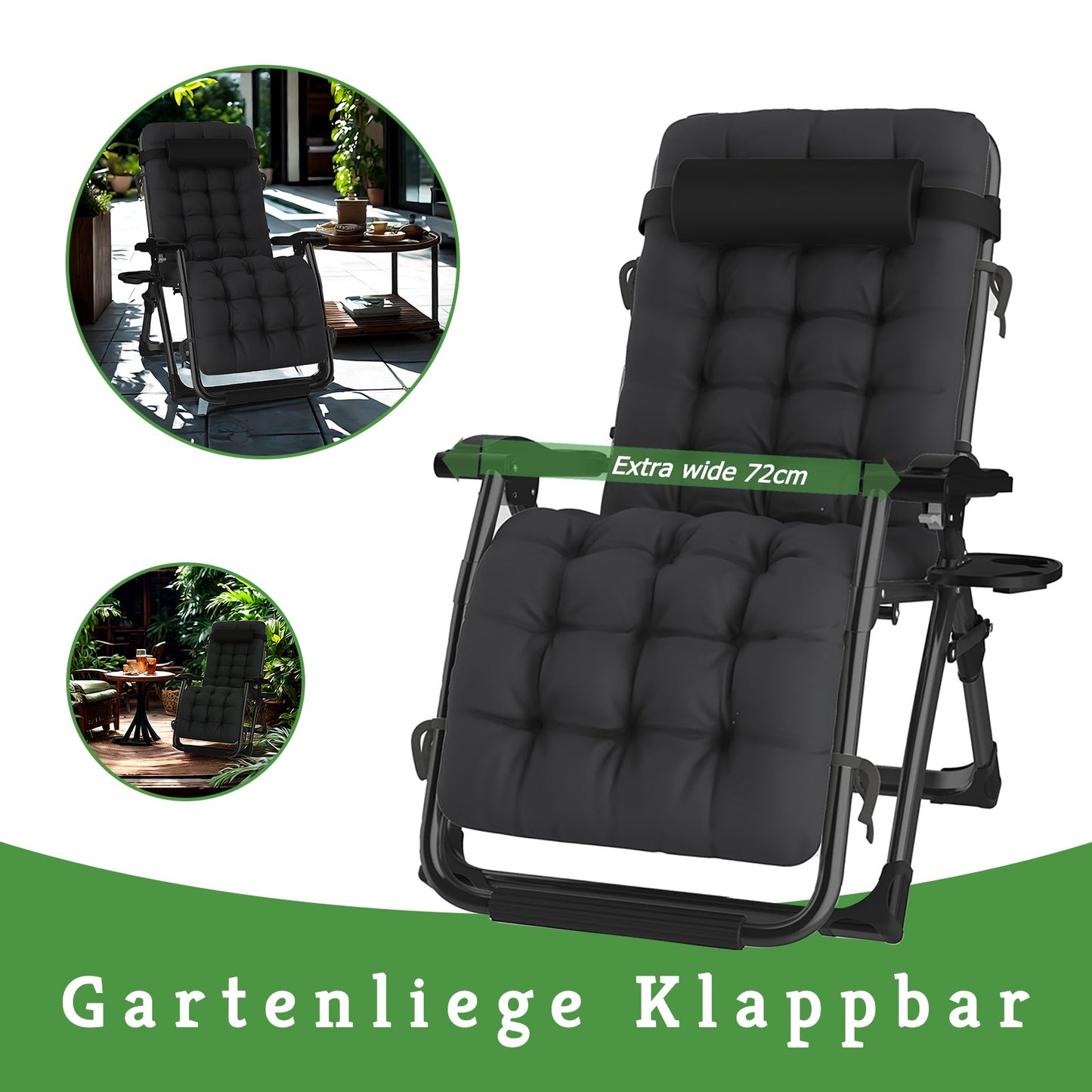 Poltrona Lounge Oversize a Gravità Zero, 72 cm Extra Larga, Reclinabile Pieghevole e Regolabile, Capacità 500 libbre/200 kg, Cuscino Morbido in Cotone Staccabile con Poggiatesta, Portabicchieri, Nero Grigio, per Giardino, Terrazza, Balcone, Patio Esterno