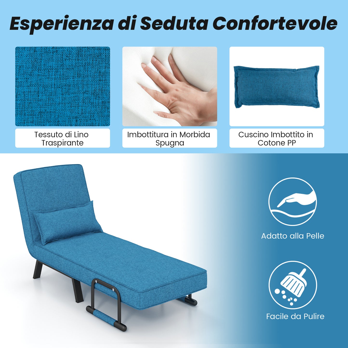 4 in 1 Poltrona Letto Singolo, Poltroncina Pieghevole con Schienale Regolabile in 6 Posizioni, Sedile Imbottito Robusto, Divano Letto per Casa Ufficio, 79x65x79 cm
