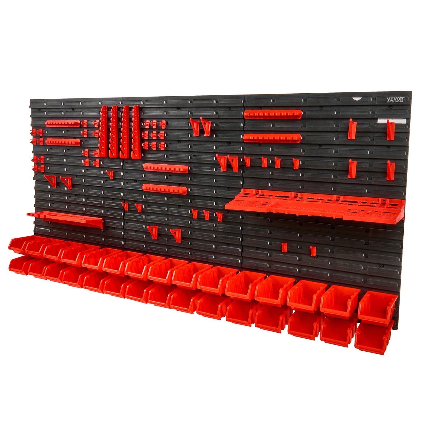 VEVOR Contenitori da parete, Scaffale organizzatore per pezzi da 30 scomparti, Attrezzo da officina in plastica per garage con pannelli a muro/portautensili/ganci, Organizzatore di utensili per dadi, bulloni, viti, chiodi, perline, bottoni, Nero e Rosso