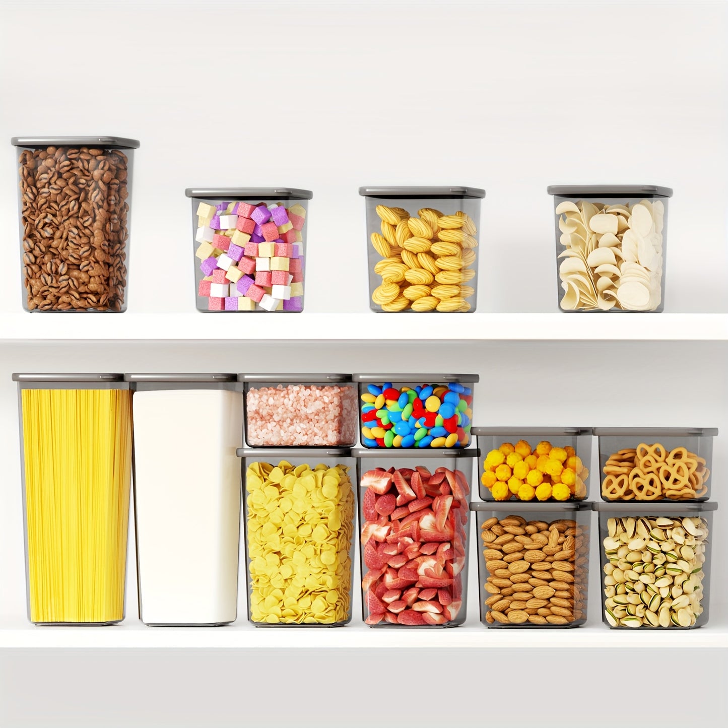 Kit di 52 contenitori per alimenti in plastica sigillati - 26 contenitori + 26 coperchi | Speciali per cereali/farina/semi di caffè/flakes di mais - Articolo da cucina con coperchi