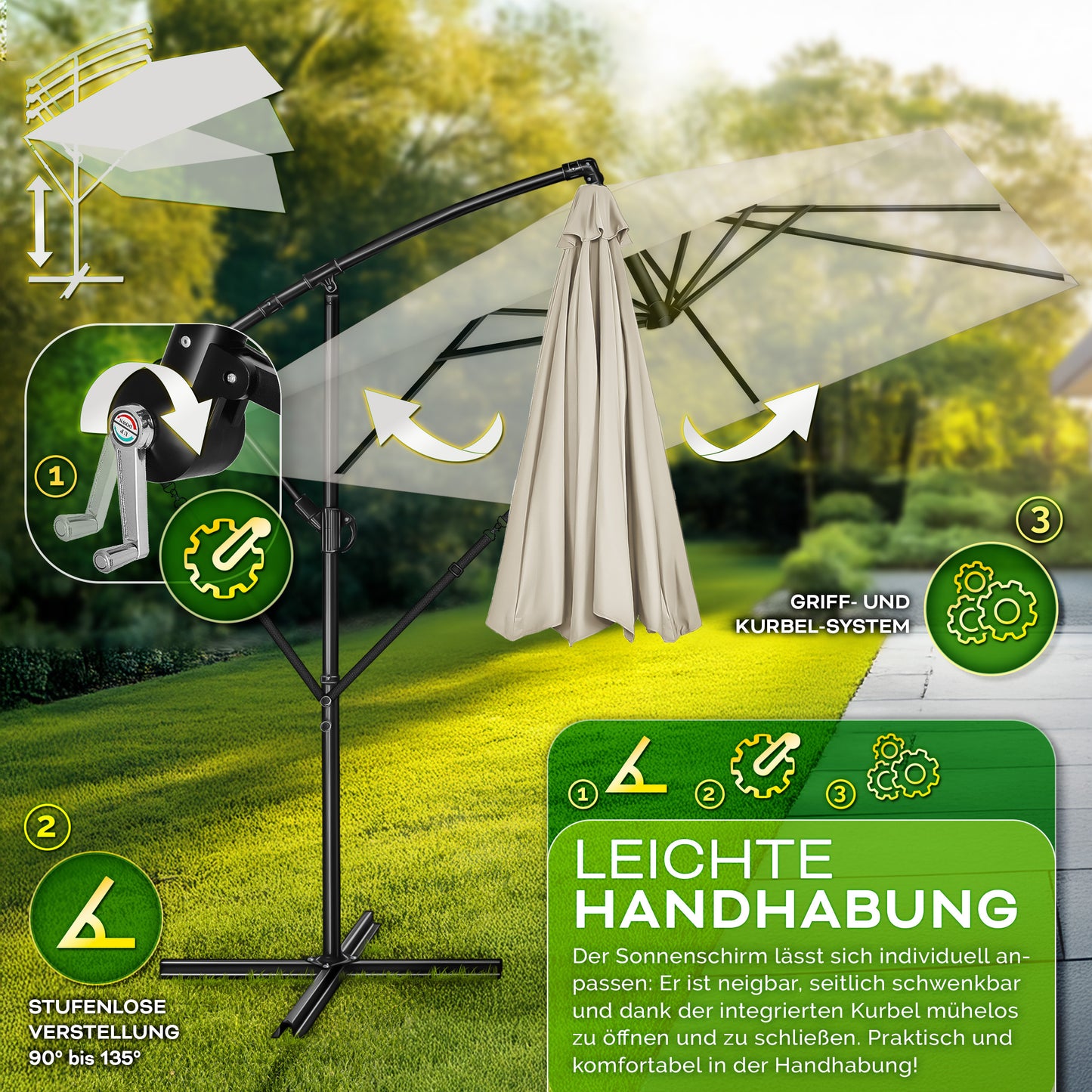Tillvex® Parasole Rettangolare in Alluminio Ø 330 Cm + Copertura con Manovella | Schermo Angolare a Luce Rossa con Supporto & Parabrezza | Grande Parasole da Giardino in Alluminio Protezione UV | Schermo con Manovella Impermeabile Girevole a 360° per Terr
