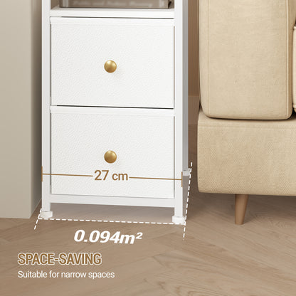 Comodino (set da 1 o 2), Organizzazione e stoccaggio per camera da letto, Tavolino laterale stretto con 2 cassetti in tessuto, Comodino stretto con scomparti aperti, Salvaspazio, Comodino per camera da letto o soggiorno, 35 X 27 X 60 cm, Bianco