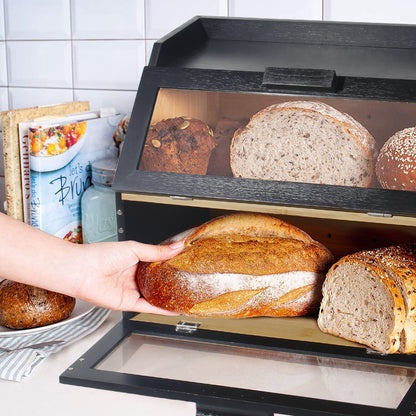 Contenitore per pane in bambù con ventilazione, cassetta per pane grande, 2 ripiani e finestra di visuale, contenitore per pane in legno, panini, contenitore per pane da cucina