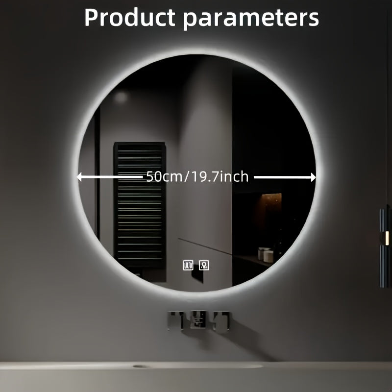 Specchio da bagno grande circolare retroilluminato con un diametro di 49,99 centimetri, adatto per hotel e uso domestico, inclusi i bagni. Viene fornito con un pulsante a pressione con funzione defogliante e un pulsante di illuminazione, imballaggio sicur