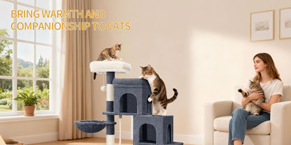 Albero per gatti, albero per gatti piccolo da 95 cm, spazioso e robusto, base regolabile, dotato di una grande piattaforma morbida, palla di peluche, cuccia per gatti, tiragraffi e corda in sisal.