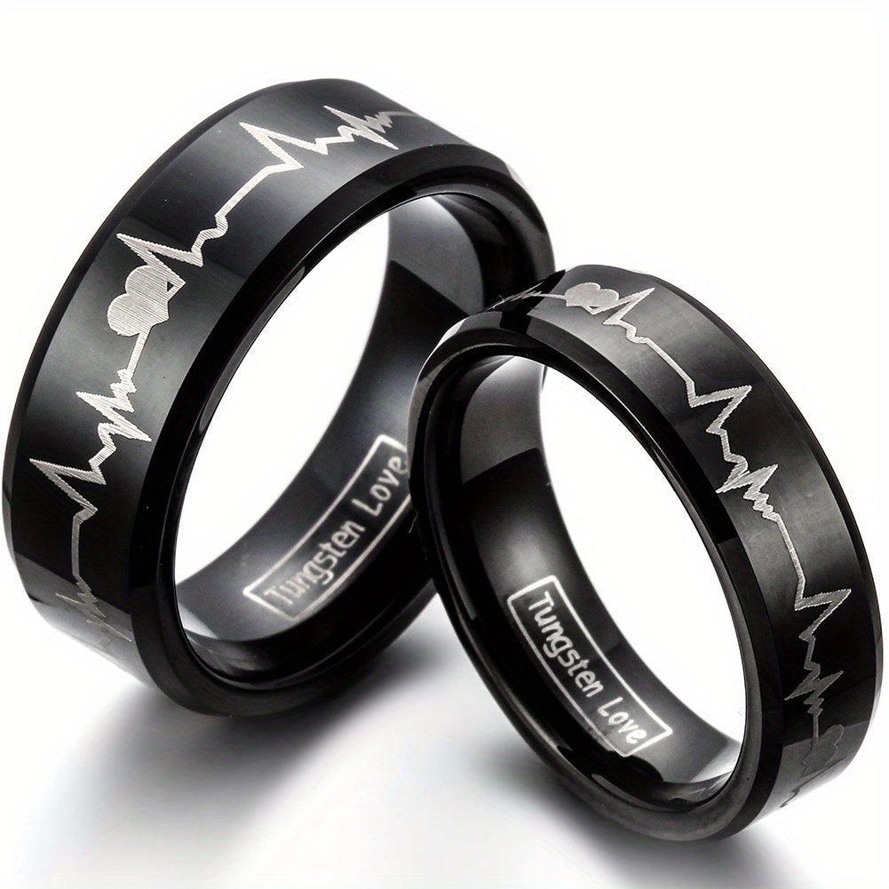 Anello di coppia JewelryWe in carburo di tungsteno con cuori e battito cardiaco, anelli per partner, anelli 'amicizia, fedi nuziali, anelli di fidanzamento, fascia, nero
