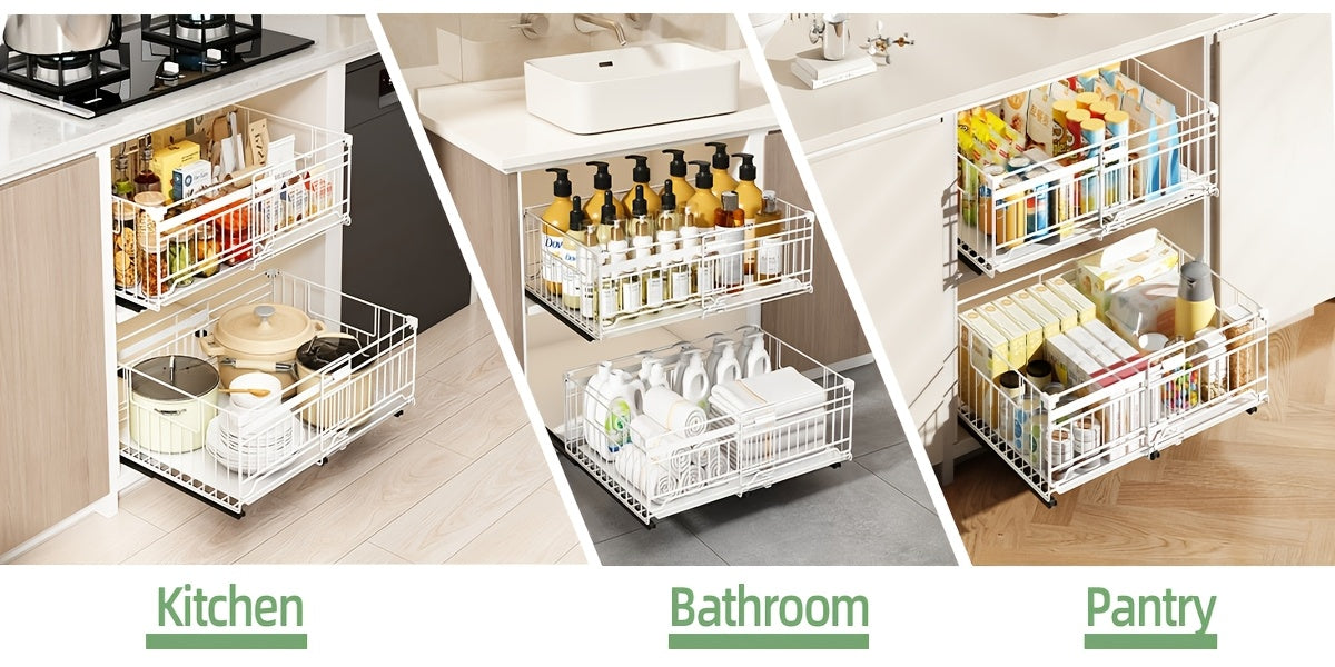 Organizzatore estraibile espandibile per armadietti, confezione da 1/2, ringhiera rialzata da 16.99 cm, larghezza regolabile da 32.99 cm a 50.98 cm, 3 guide, adesivo, non necessita di fori, stacca e incolla, cassetti estraibili adesivi per armadietti, cap