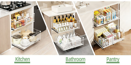 Organizzatore estraibile espandibile per armadietti, confezione da 1/2, ringhiera rialzata da 16.99 cm, larghezza regolabile da 32.99 cm a 50.98 cm, 3 guide, adesivo, non necessita di fori, stacca e incolla, cassetti estraibili adesivi per armadietti, cap
