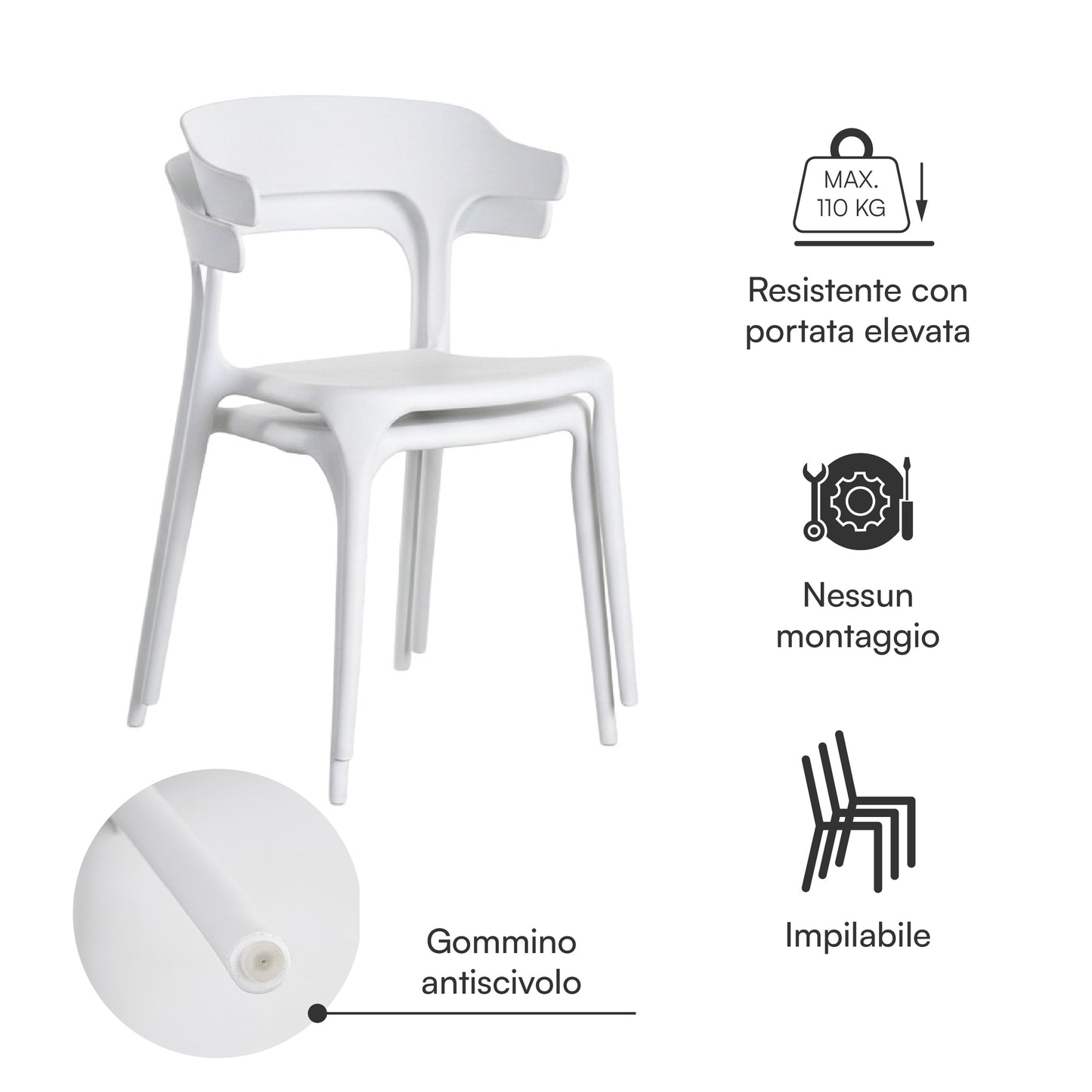 Baroni Home Set 4 Sedie in Plastica Bianca – Sedie Impilabili, Pronte all’Uso Senza Montaggio, Facili da Pulire, con Piedini Antiscivolo per Maggiore Stabilità – Ideali per Cucina, Soggiorno, Sala da Pranzo, Giardino, Terrazzo o Balcone – Sedute Comode e