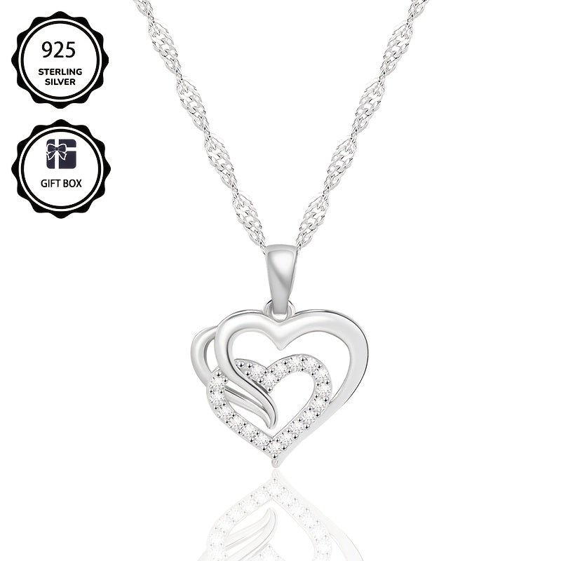 Collana pendente elegante in argento 925 per donna, con catena a onda unica e pendente a cuore in Zirconia sintetica scintillante, regalo perfetto per le feste e per le donne, confezionato in scatola regalo
