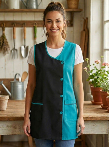 Grembiule da cucina liscio da donna, confortevole e resistente, dettagli moderni e funzionali: tasche frontali e bottoni frontali Utilizzo: cucina, casa, lavoro e attività quotidiane