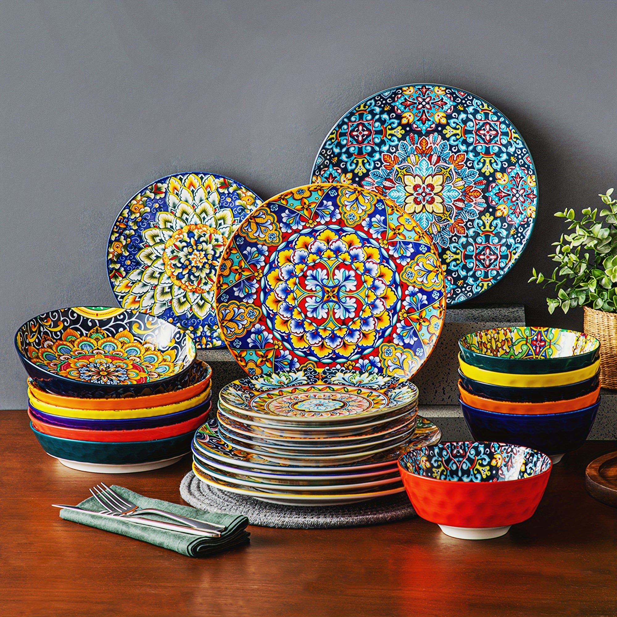 24 Pezzi Set da Tavola in Ceramica Stile Bohémien con Piatti Piani, Piattini e Ciotole per Pasta e Cereali, Servizio per 6 Persone