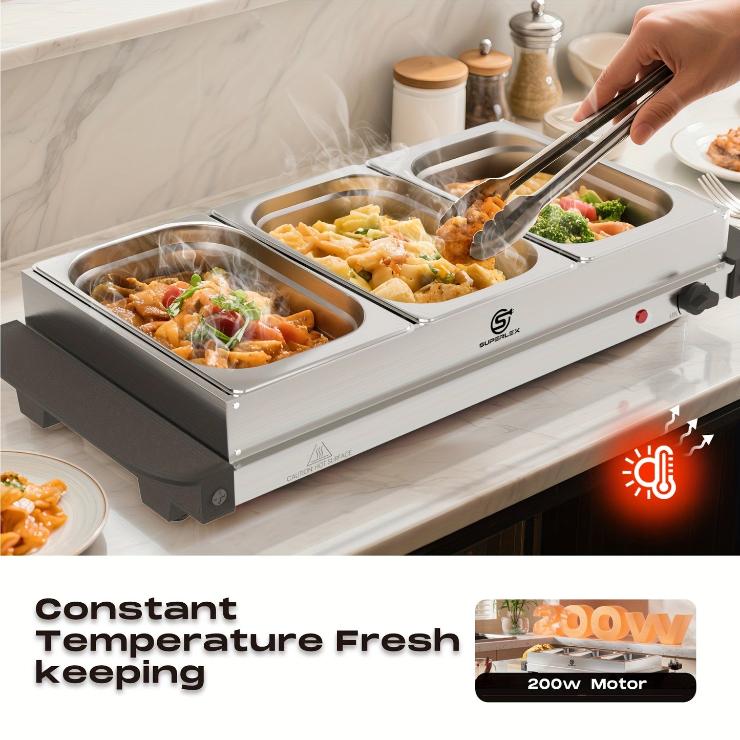 SUPERLEX Buffet Elettrico con Scaldavivande, Dotato di Tre Pentole da 1.5L, un Design Spazioso in Acciaio Inox, una Piastra Riscaldata con Coperchi Rimovibili, Impostazioni di Temperatura Regolabili e una Vassoio Riscaldante Portatile per Mantenere il Cal