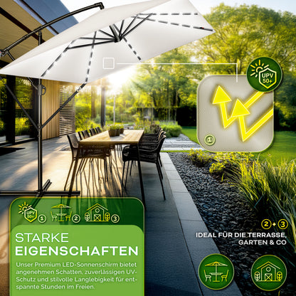 Tillvex® Tenda da Sole Rettangolare in Alluminio con LED Solare Ø 330 Cm + Copertura con Manovella | Ombrello Angolare con Luce Stradale, Supporto e Parabrezza | Grande Ombrello da Giardino in Alluminio con Protezione UV | Ombrello con Manovella, Ombrello