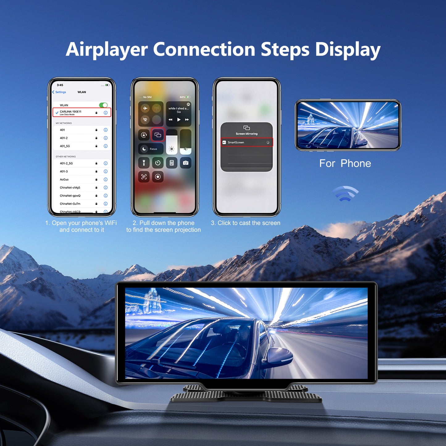 26,06 cm 4K Wireless CarPlay Android Auto Supporto Airplay SuperLink WiFi Video Fotocamera Dual DVR Anteriore e Posteriore B-T per Auto Camion Furgoni Supporto Fotocamera Posteriore con Registrazione in Loop e Riproduzione Video