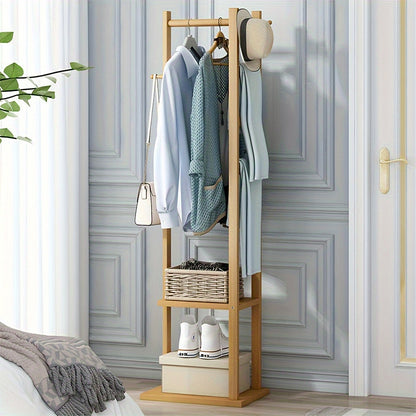 Appendiabiti angolare in bambù, appendiabiti da sa autoportante con 2 ripiani, 3 ganci e appendiabiti per pantaloni, ideale per ingresso, camera da letto e soggiorno