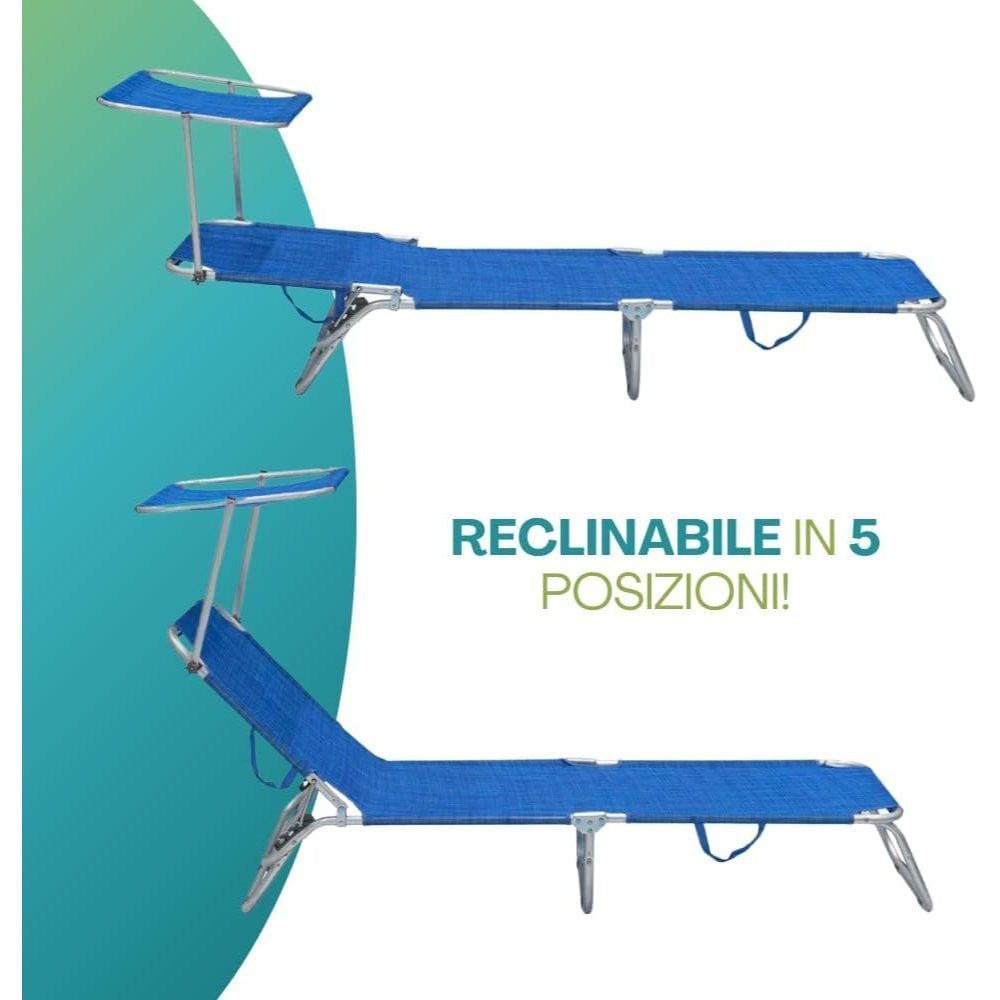 2 Lettini Prendisole Pieghevoli con Tetto Parasole, Misura 180x55x90 cm, Tessuto Textilene, Struttura Metallo Tubolare da 18mm, per Spiaggia, Piscina, Giardino, Peso Max 120kg