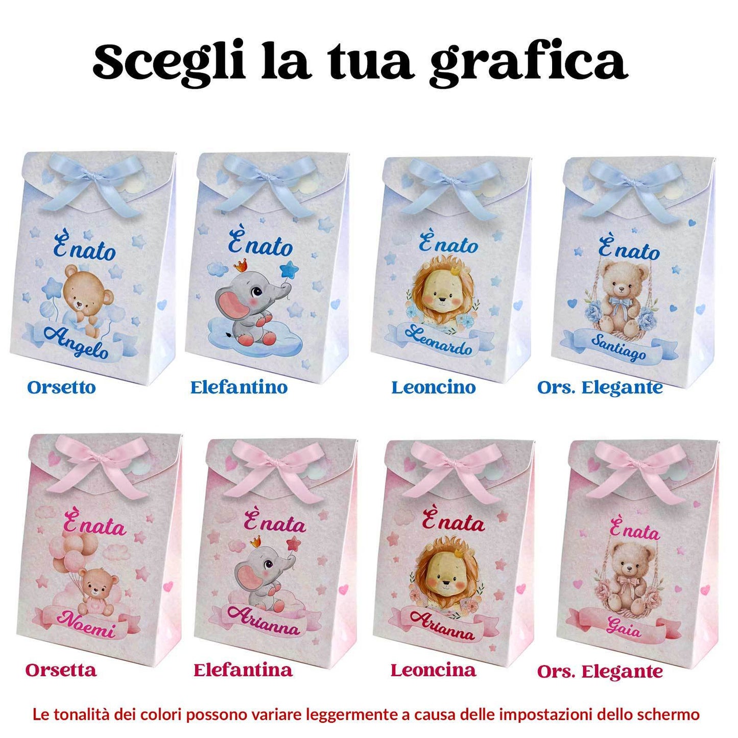 Set 8 Scatoline Bomboniere personalizzate con nome, Prima Nascita, Baby shower, scatole Portaconfetti + 4 mt. nastro raso, Festa nascita bimbo orsetto blu