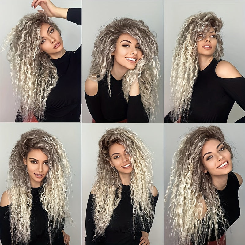 Parrucca riccia da donna sfumata grigio-marrone con radici scure, parte centrale e parte laterale - Fibra sintetica resistente al calore, cuffia traspirante a rete di rose, capelli sintetici dall'aspetto naturale, vestibilità aderente, outfit da festa ann