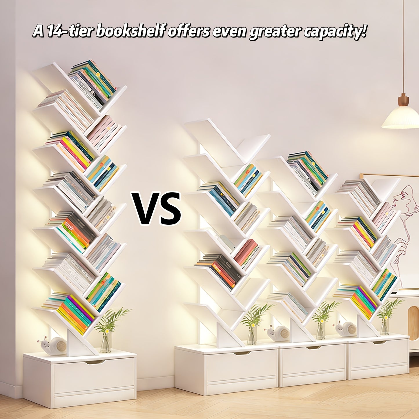 Libreria a Forma di Albero - Libreria Moderna a 14 Ripiani dal Pavimento al Soffitto, Realizzata in Materiale Legnoso Alto, Ideale per Conservare CD/Film/Libri. Libreria Pratica Adatta per Camere da Letto, Soggiorni e Uffici Domestici