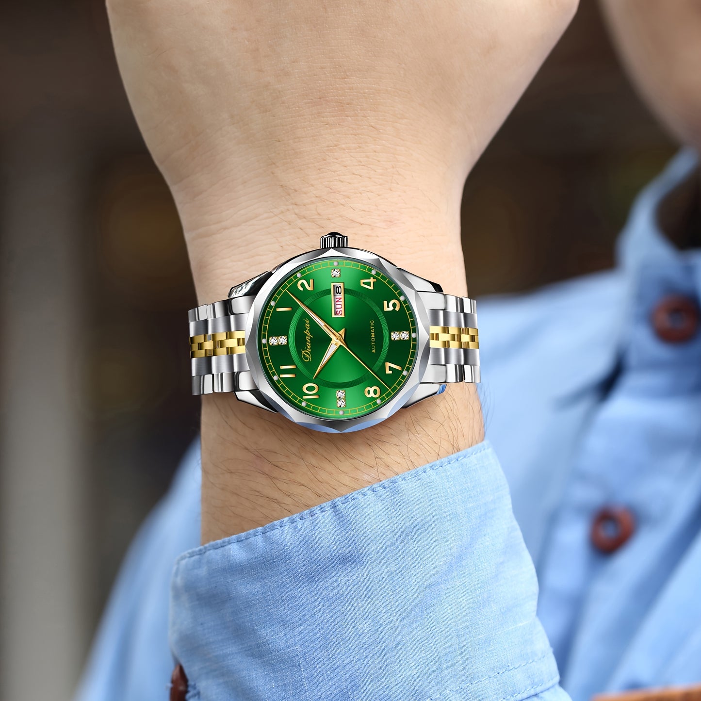Orologio da polso meccanico automatico da uomo Dianpai - Acciaio inossidabile quadrante verde con indici dorati, indicatore della data, bracciale a catena da polso - Orologio di lusso per feste e casual, nessuna batteria richiesta, regalo ideale per lui,
