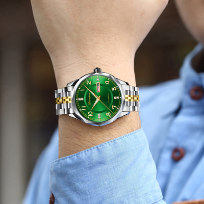 Orologio da polso meccanico automatico da uomo Dianpai - Acciaio inossidabile quadrante verde con indici dorati, indicatore della data, bracciale a catena da polso - Orologio di lusso per feste e casual, nessuna batteria richiesta, regalo ideale per lui,