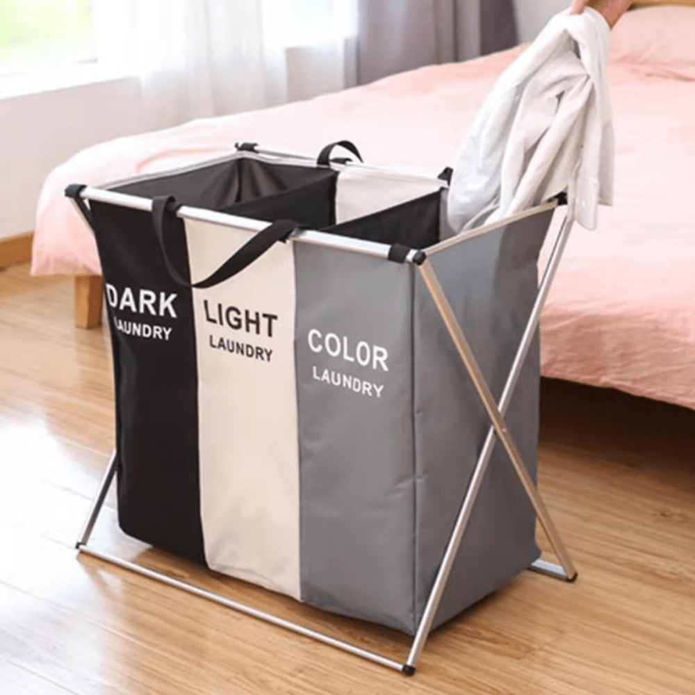 Cesto per la Biancheria Multiscomparto da 1 Pezzo, Grande Cestino Lavabile Portatile con 3/2/1 Sezioni, Tessuto in Poliestere Resistente, Colori Mescolare, Forma Rettangolare, per Uso Domestico in Varie Stanze