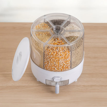 Contenitore Rotante per Cereali | PET | 6 Scomparti Antiumidità | Design a Tappo Ribaltabile Rotondo | Lavaggio Manuale Solo per Alimenti Secchi | 4,5 L (L. D. 22 X 25 cm)