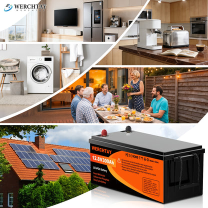 Batteria WERCHTAY 12.8V LiFePO4 300/200/100Ah, Dotata di Celle di Batteria di Grado A+, Oltre 25000 Cicli di Scarica Profonda, Protezione Intelligente BMS da Sovraccarica/Sottocarica, per Accumulo Energetico Domestico, Camper da Esterno, Applicazioni Sola